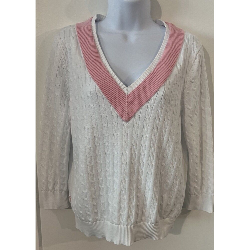 Lauren Ralph Lauren White Cricket Cable Knit Pink Trim V-Neck Preppy Petite L PL